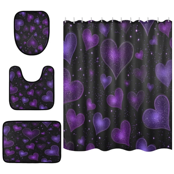 RMDQTR Shower Curtain and Rug Sets 4pcs Bathroom Sets Includes 12 Free Hooks 66" x 72" Amethyst Diamond Hearts