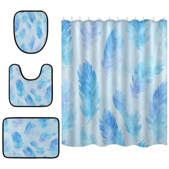 RMDQTR Shower Curtain and Rug Sets 4pcs Bathroom Sets Includes 12 Free Hooks 66" x 72" Cerulean Feather Watercolor Art