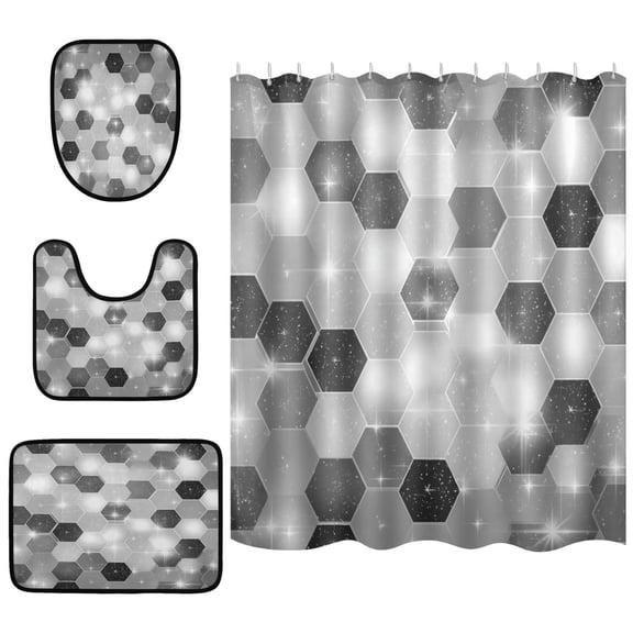 RMDQTR Shower Curtain and Rug Sets 4pcs Bathroom Sets Includes 12 Free Hooks 66" x 72" Futuristic Sparkle Hex Tile