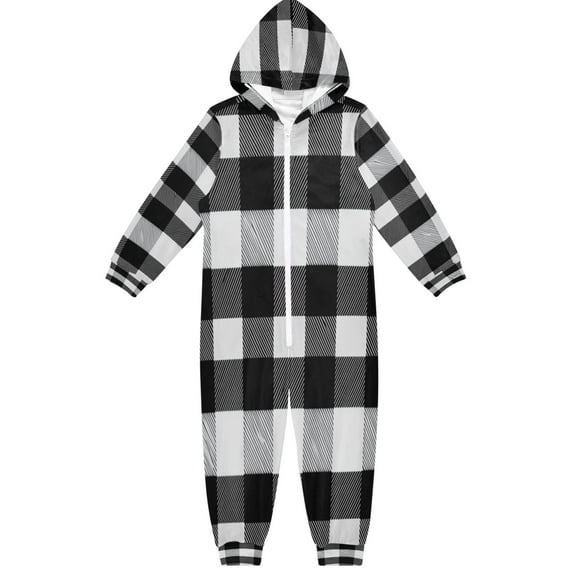 RMDQTR Ultra-Soft Crystal Velvet One-Piece Pajamas/Loungewear Black White Plaid Pattern