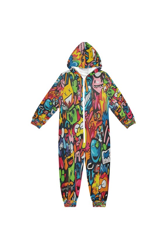 Ultra-Soft Crystal Velvet One-Piece Pajamas/Loungewear Cartoon Graffiti Style