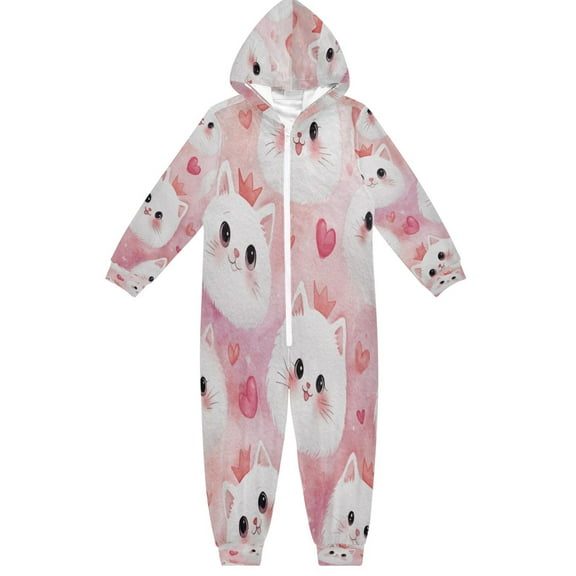 RMDQTR Ultra-Soft Crystal Velvet One-Piece Pajamas/Loungewear Cat Faces and Pink Hearts