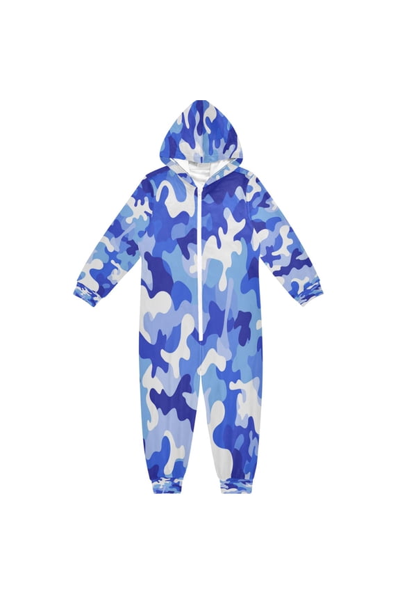 Ultra-Soft Crystal Velvet One-Piece Pajamas/Loungewear Deep Blue and White Camouflage