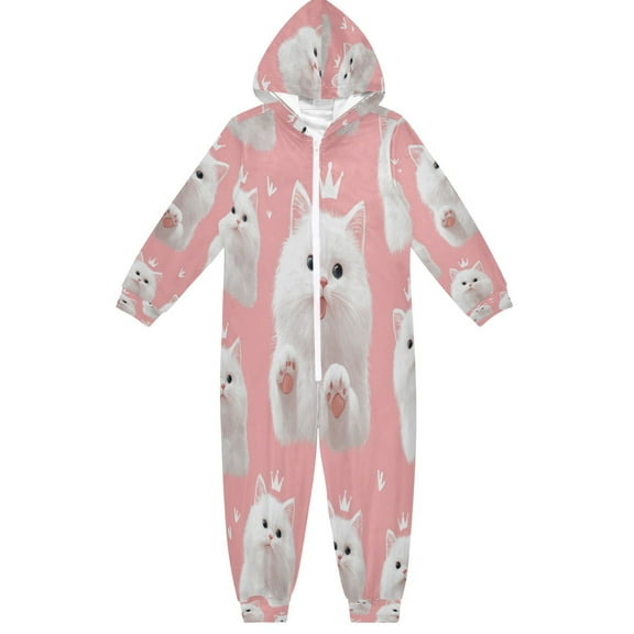 RMDQTR Ultra-Soft Crystal Velvet One-Piece Pajamas/Loungewear Happy White Cat Face