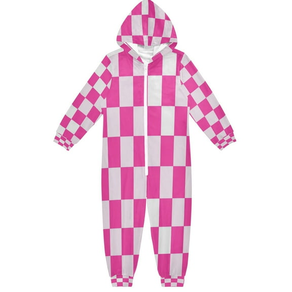 RMDQTR Ultra-Soft Crystal Velvet One-Piece Pajamas/Loungewear Hot Pink Checkered Pattern