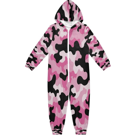 RMDQTR Ultra-Soft Crystal Velvet One-Piece Pajamas/Loungewear Pink and Black Camouflage Pattern