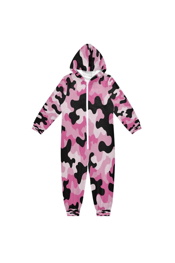 Ultra-Soft Crystal Velvet One-Piece Pajamas/Loungewear Pink and Black Camouflage Pattern