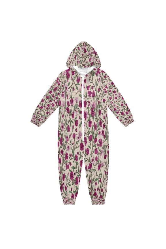 Ultra-Soft Crystal Velvet One-Piece Pajamas/Loungewear Red-pink Magenta Flowers