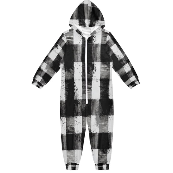 RMDQTR Ultra-Soft Crystal Velvet One-Piece Pajamas/Loungewear White Black Checkered