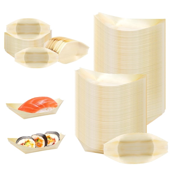 RMERVE 100 Pcs Bamboo Boat Plates, AFN1Disposable Wood Plates, 5.5 Long can hold Sush/Sashimi/Appetizers/Fried Food/Desserts and Home Use