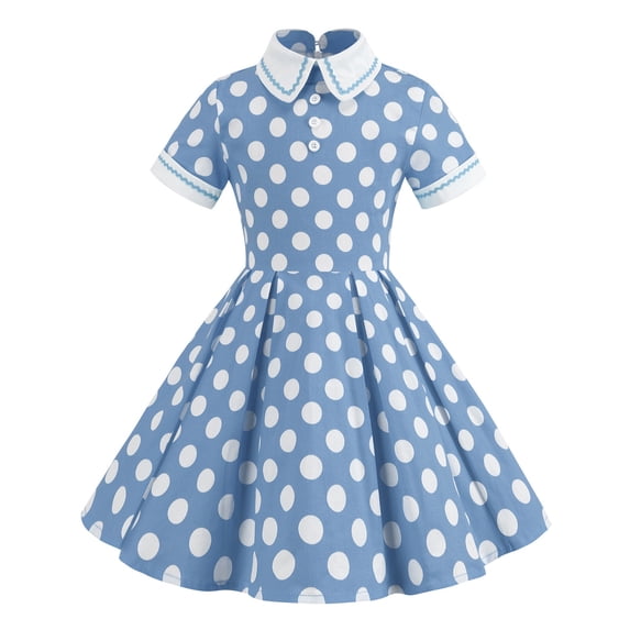 RMGVDSD 1950S Vintage Dresses For Girls Retro Polka Dot Dress Summer Short Sleeve Collar A-Line Swing Dress Holiday Party Casual Sundress 7-8 Years