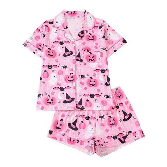 RMGVDSD 2 Pack Womens Pajama Sets Womens Halloween Pajamas Cute Printed Short Sleeve Button Down Tops And Shorts Sleepwear Set Pajamas Loungewear Comfy Jammies Matching Pjs