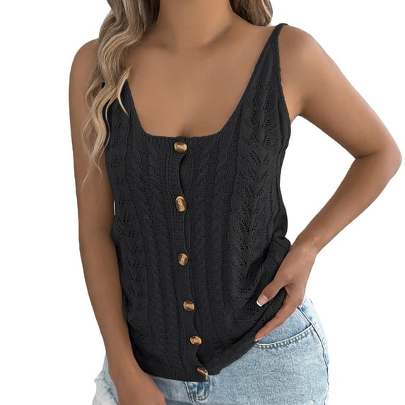 RMGVDSD 2025 Spring/Summer Solid Color Hollow Button Tank Top Knitted Shirt Holiday Top Women's Wear Long Sleeve Sweater Fashion Pullover Sweater Tops /Black