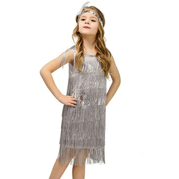 RMGVDSD 2Pcs Flapper Dresses For Girls Fringe Latin Dance Dress Vintage 1920S Tassel Dress With Headband Carnival Party Festival Dance Outfit 7-9 Years
