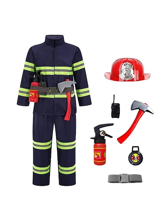 8Pcs Halloween Firefighter for Kids Long Sleeve Jacket and Pants with Toys Accessories for Boys Birthday Party Dress Up Fireman Outfits