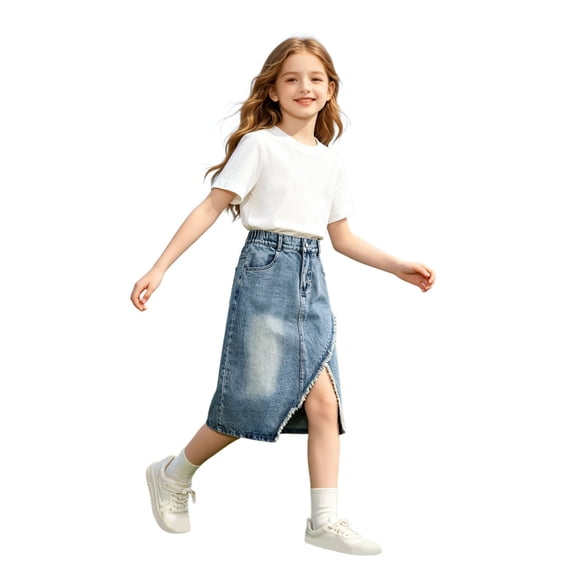 RMGVDSD A-Line Denim Skirts For Girls Casual Maxi Solid Color Summer Comfort Waist Loose Fit Kids Pockets Side Slit Party Fashion Versatile Cute Skirts,9-10 Years