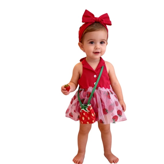 RMGVDSD Adorable Baby Girls Romper Dress Sleeveless Strawberry Print Dresses With Headband And Bag Cute Birthday Outfits Summer Clothes 9-12 Months
