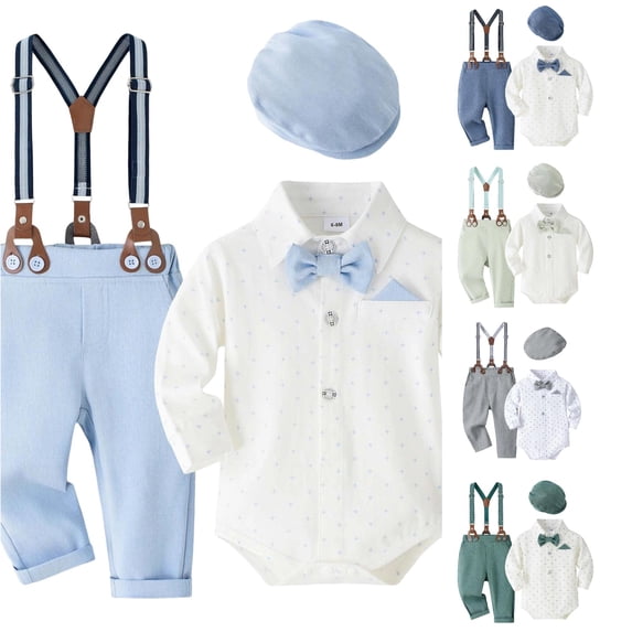 RMGVDSD Baby Boy Clothes Suit Formal Dress Shirt Romper Suspender Pants With Beret Hat Infant Birthday Party Outfits Fall Clothing Set 12-18 Months