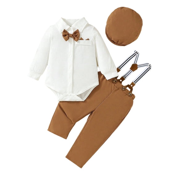 RMGVDSD Baby Boy Clothes Suit Gentleman Outfits Long Sleeve Dress Shirt Romper + Suspender Pants + Bowtie Set for Wedding Party 12-18 Months