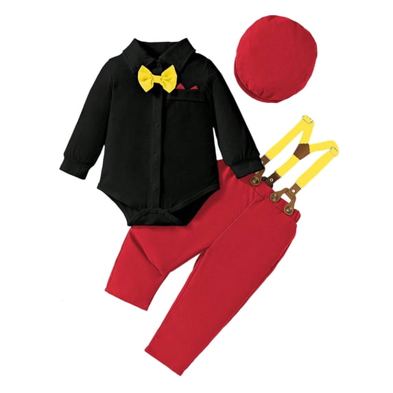 RMGVDSD Baby Boy Clothes Suit Gentleman Outfits Long Sleeve Dress Shirt Romper + Suspender Pants + Bowtie Set for Wedding Party 6-9 Months