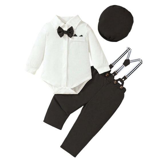 RMGVDSD Baby Boy Clothes Suit Gentleman Outfits Long Sleeve Dress Shirt Romper + Suspender Pants + Bowtie Set for Wedding Party 9-12 Months