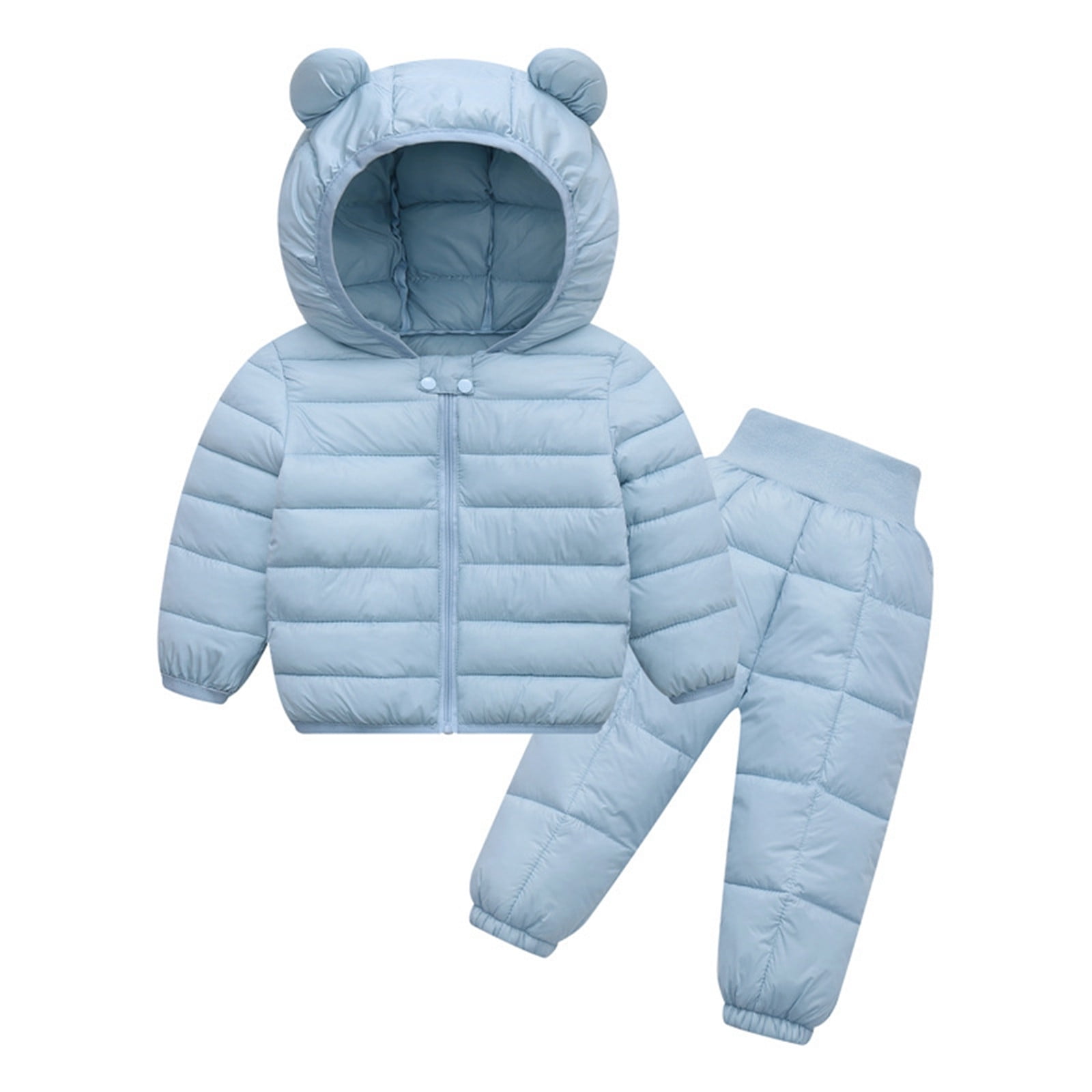 RMGVDSD Baby Boys Girls Two Piece Snowsuit Toddler Winter Coats And Matching Pants Suit Lightweight Hooded Puffer Jacket Clothing Set Outerwear Light Blue 6-9 Months