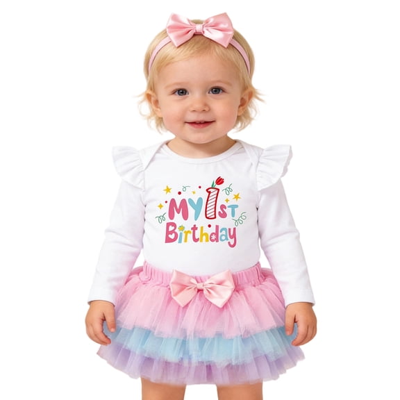 RMGVDSD Baby Girl 1St Birthday Outfit Long Sleeve Romper Tutu Skirt Headband Set Girls First Birthday Party Celebration Outfits Soft Spring Outfits