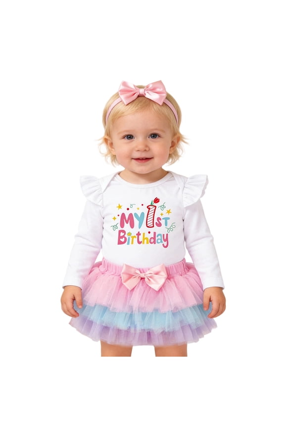 Baby Girl 1St Birthday Outfit Long Sleeve Romper Tutu Skirt Headband Set Girls First Birthday Party Celebration Outfits Stylish Outfits