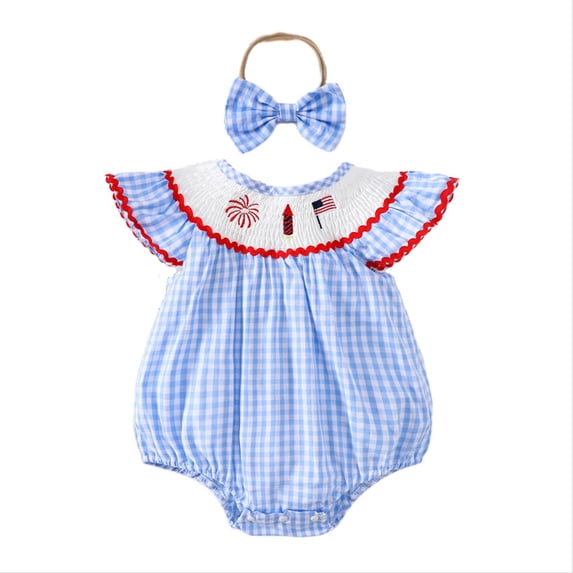 RMGVDSD Baby Girl 4Th Of July Outfit Infant Plaid Bubble Romper Embroidery Ruffle Sleeves Newborn Bodysuits With Headband Clothes Set 12-18 Months