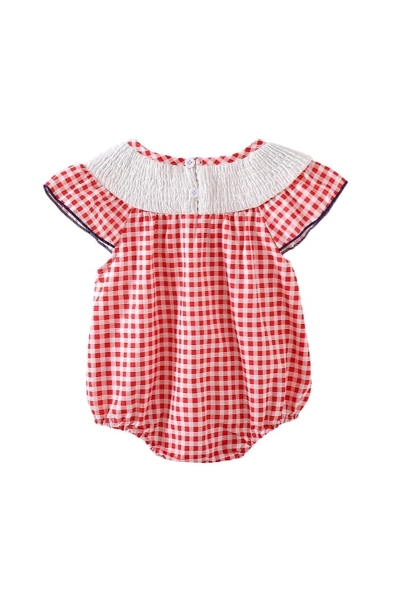 Baby Girl 4th of July Outfits Smocked Bubble Romper Bodysuit Ruffles Independent Day American Flag Embroidery Summer Clothes 6-12 Months