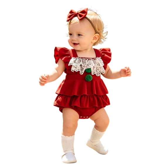 RMGVDSD Baby Girl Christmas Outfit Girls Romper Dress Ruffle Sleeveless Backless Bodysuits with Headband Holiday Party Clothes 0-3 Months