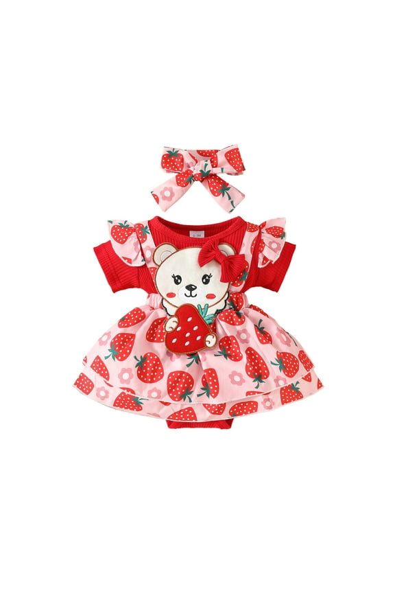 Baby Girl Clothes Cute Girls Short Sleeve Ribbed Cartoon Strawberry Romper Bodysuits Dress Headbands Set Baby One-Piece Romper