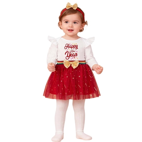 RMGVDSD Baby Girl Clothes My First New Year Party Outfit Long Sleeve Romper Top With Tutu Skirt And Headband For Holiday Celebration Cute Girls Outfit