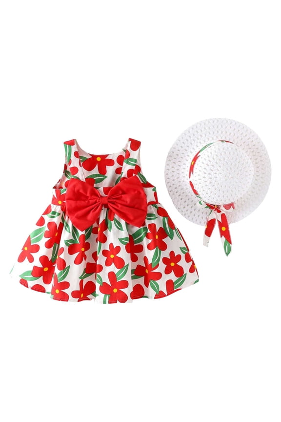 Baby Girl Clothes Infant Girls Summer Dresses Floral Sleeveless Bowknot Sundress Dress With Sun Hat Toddler Easter Outfit 1-2 Years