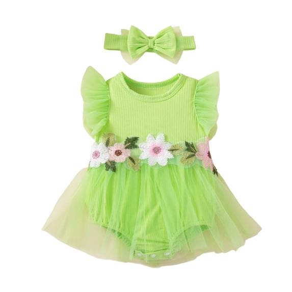 RMGVDSD Baby Girl Clothes Infant Tulle Romper Dress Ruffe Sleeveless Bodysuit Floral Tulle Dresses With Hairband Cute Party Outfit 3-6 Months