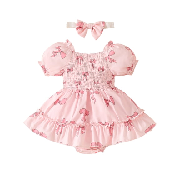RMGVDSD Baby Girl Clothes Short Sleeve Square Neck Smocked Bow Print Bubble Romper Dress with Headband Cute Girls Summer Outfits 9-12 Months