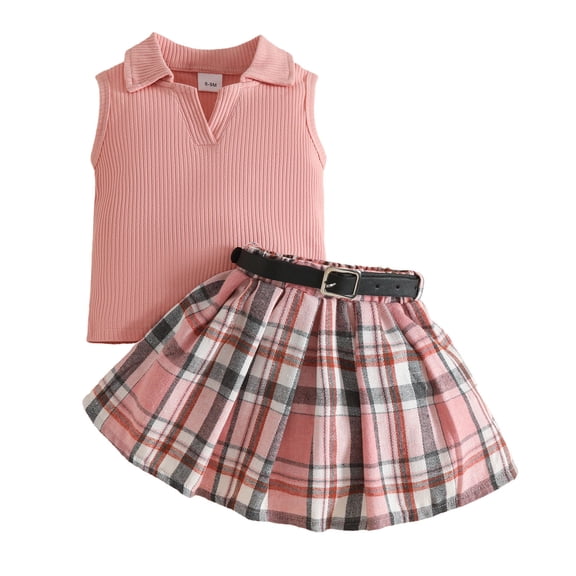 RMGVDSD Baby Girl Clothes Toddler Girls Skirt Set Summer Collared Sleeveless Ribbed Tank Tops And Pleated Plaid Skirts 2Pcs Outfit Fashion Clothes Outfits