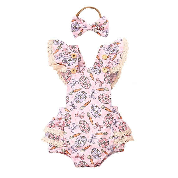 RMGVDSD Baby Girl Easter Outfit Romper Dress Ribbed Ruffle Bowknot Skirt Bodysuits Cute Summer Clothes+Headband Set 9-12 Months