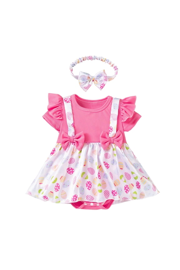 Baby Girl Easter Outfit Newborn Infant Ribbed Romper Dress Ruffle Short Sleeve Bunny Eggs Print Bodysuit With Headband Set 3-6 Months