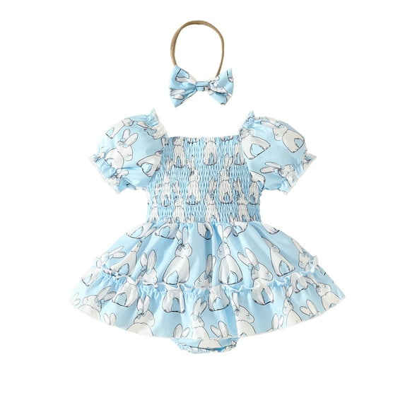 RMGVDSD Baby Girl Easter Outfit Short Sleeve Square Neck Bunny Print Romper Dress Bodysuits Headband Spring Summer Clothes 9-12 Months