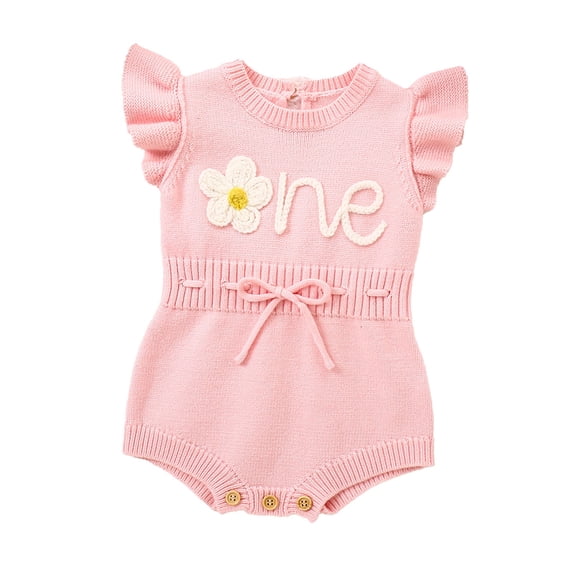 RMGVDSD Baby Girl First Birthday Outfit Floral One Embroidered Drawstring Sleeveless Knit Romper Bodysuit Baby Girl 1St Birthday Clothes 12-18 Months
