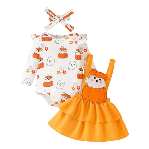 RMGVDSD Baby Girl Halloween Clothes Toddler Girl Ruffle Long Sleeve Hallowmas Cartoon Romper Bodysuit Suspender Skirts With Headbands 3 Piece Outfits 0-3 Months