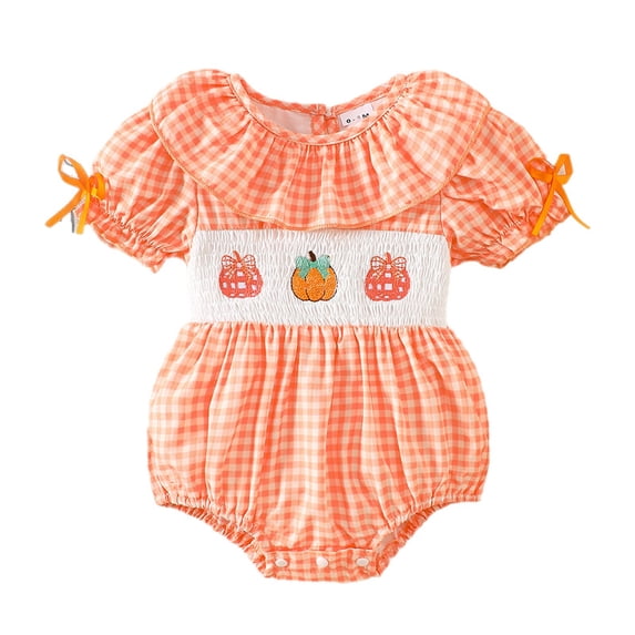 RMGVDSD Baby Girl Halloween Outfit Cute Plaid Pumpkin Bubble Romper Orange Baby Girls Bodysuits Short Sleeve Plaid Bodysuit 3-6 Months