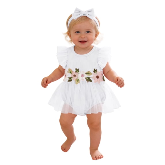 RMGVDSD Baby Girl Romper Dress Summer Ruffle Sleeveless Floral Tulle Dresses Infant Newborn Bodysuit Flower Girl Dress With Headband Set 0-3 Months