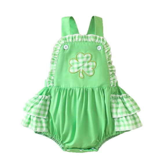 RMGVDSD Baby Girl St Patricks Day Outfit Romper Summer Sleeveless Embroidery Rompers Ruffles Plaid Bodysuits Clothes 3-6 Months