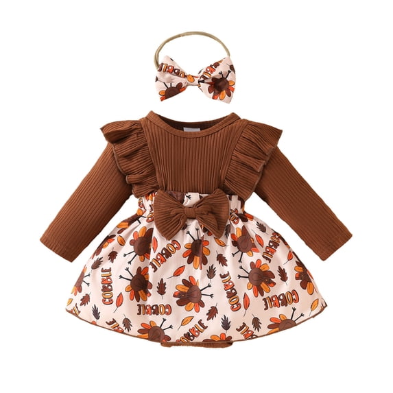 RMGVDSD Baby Girl Thanksgiving Outfit Infant Girls Romper Dress Long Sleeve Ruffle Cartoon Print Bodysuits Fall Thanksgiving Day Clothes 0-3 Months
