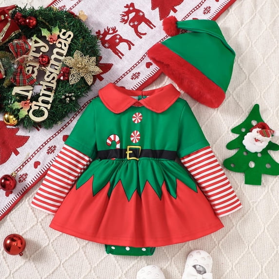 RMGVDSD Baby Girls Christmas Elf Set Long Sleeve Striped Romper Dress with Hat Holiday Outfit Baby Cute Xmas Clothes