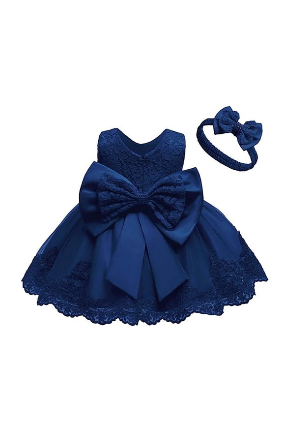 Baby Girls Dress Elegant Lace Bowknot Flower Girl Dress Pageant Princess Birthday Party Dresses With Headwear Solid Color Formal Party Dresses
