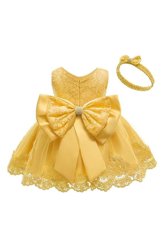 Baby Girls Dress Elegant Lace Bowknot Flower Girl Dress Pageant Princess Birthday Party Dresses With Headwear Solid Color Stylish Party Dress