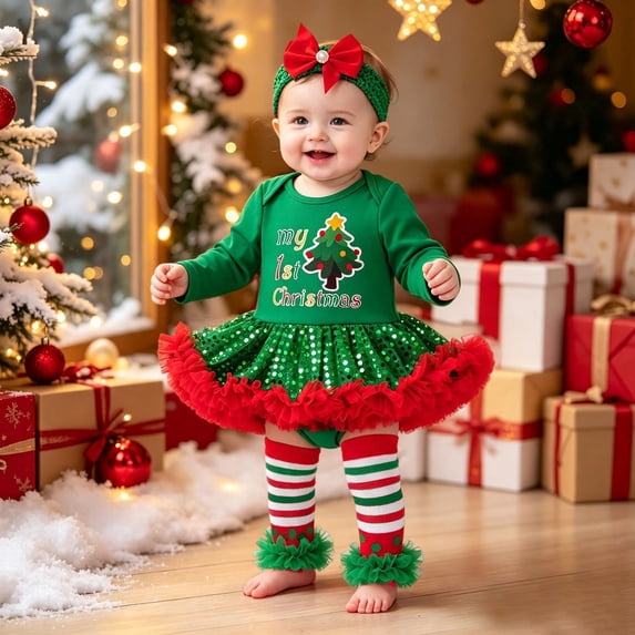 RMGVDSD Baby Girls First Christmas Outfit Newborn Infant Romper Tutu Dress Sequin Xmas Skirt with Headband Leg Warmer 3Pcs Xmas Clothes